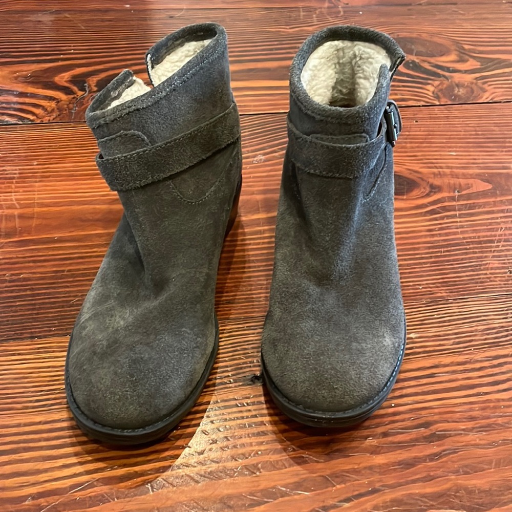 faux fur lined gray suede booties